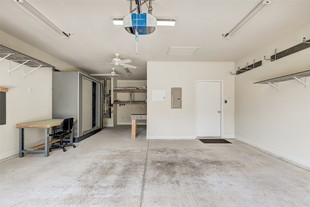 garage with a garage door opener, electric panel, and ceiling fan