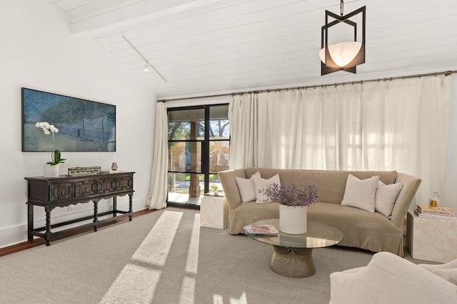 living room featuring track lighting, lofted ceiling with beams, and wood finished floors