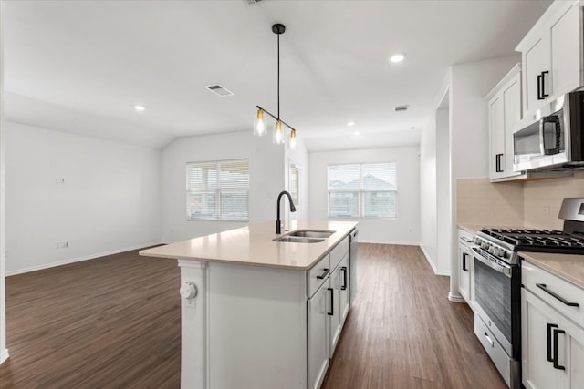 kitchen with a center island with sink, plenty of natural light, stainless steel appliances, and sink