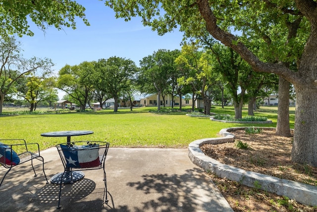 surrounding community with a lawn and a patio area