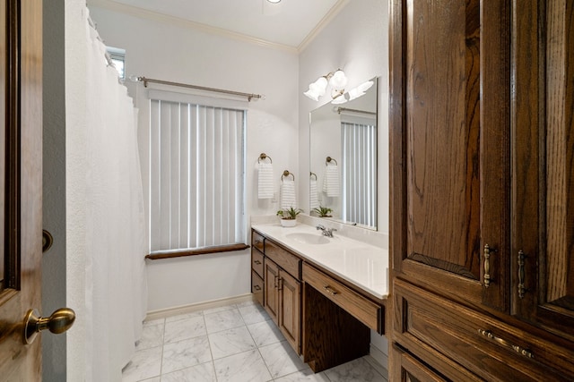 bathroom with ornamental molding, walk in shower, and vanity