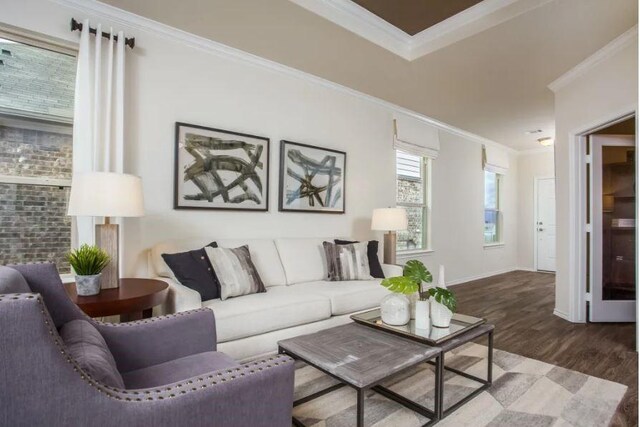 living room featuring crown molding and wood-type flooring