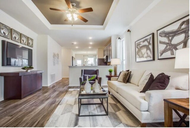 living room with a raised ceiling, ceiling fan, and hardwood / wood-style flooring