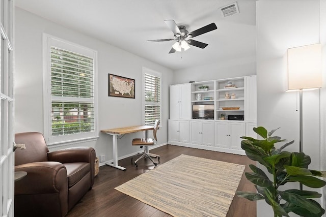 office space with dark hardwood / wood-style flooring and ceiling fan