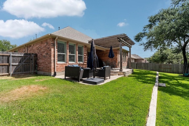 back of property featuring a pergola, a patio area, and a lawn