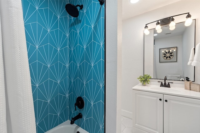 full bathroom featuring vanity, toilet, and shower / bathtub combination with curtain