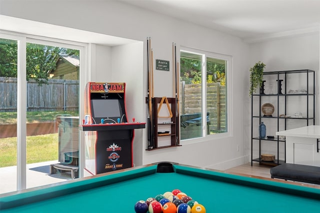 rec room featuring plenty of natural light, wood-type flooring, and billiards