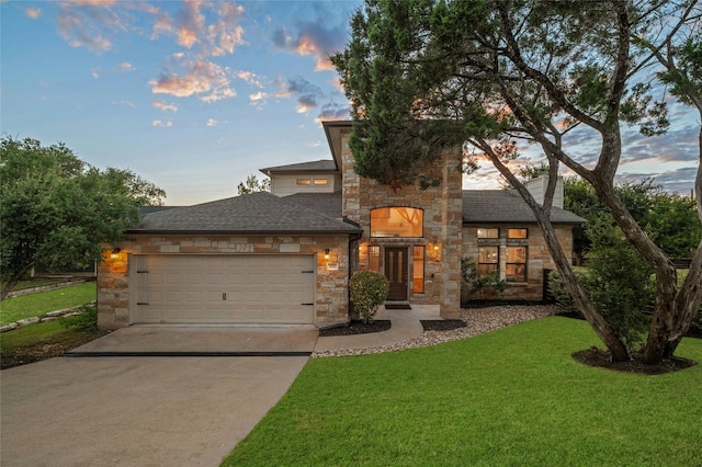 view of front facade featuring a lawn and a garage