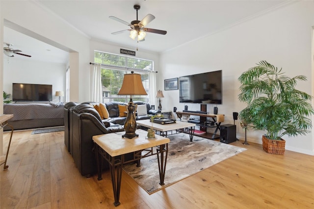 living room featuring light wood-type flooring, ceiling fan, and ornamental molding