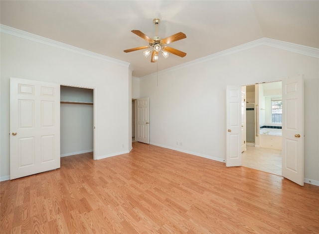 unfurnished bedroom featuring lofted ceiling, crown molding, ceiling fan, and light hardwood / wood-style floors