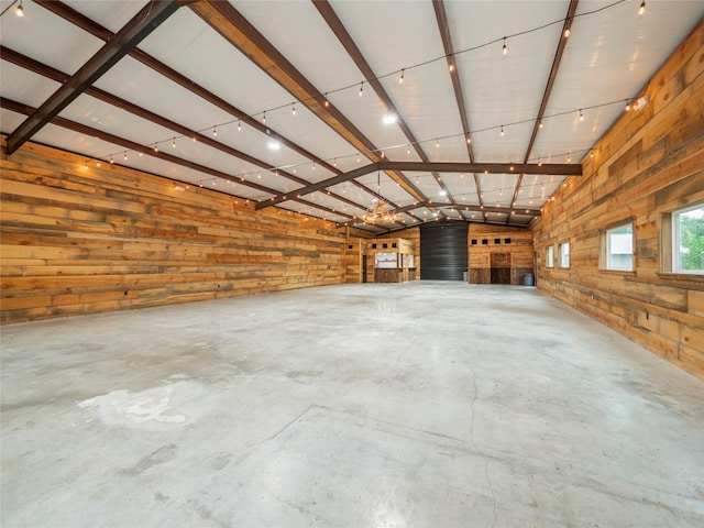 garage with wood walls