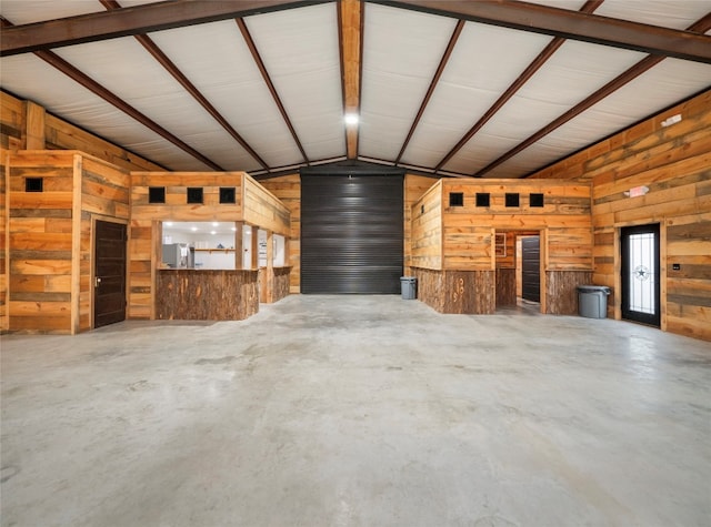 garage with wood walls