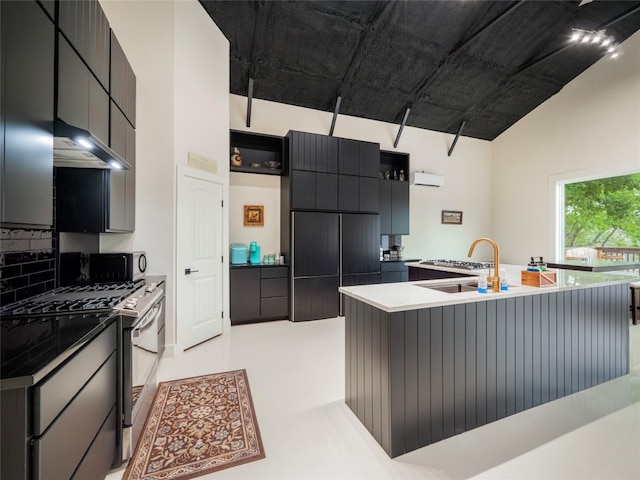 kitchen featuring decorative backsplash, exhaust hood, stainless steel range with gas stovetop, sink, and a wall mounted air conditioner