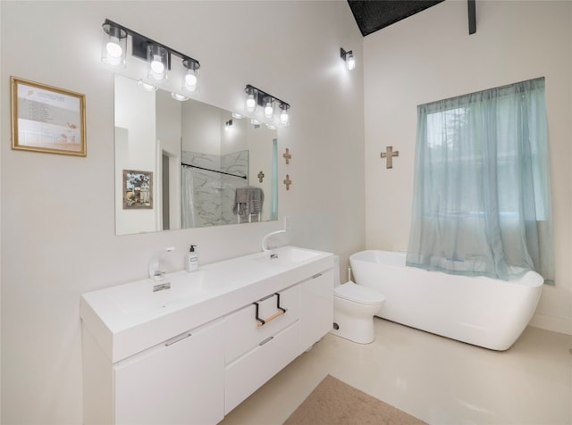 full bathroom with plus walk in shower, concrete floors, vanity, and toilet