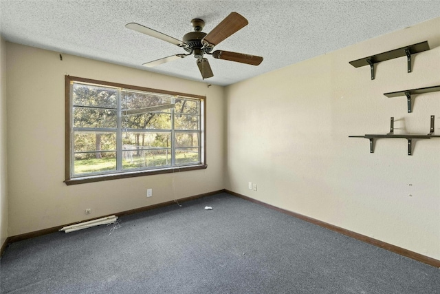 carpeted empty room with visible vents, baseboards, a textured ceiling, and a ceiling fan