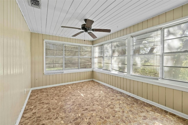 unfurnished sunroom with visible vents, wood ceiling, and a ceiling fan