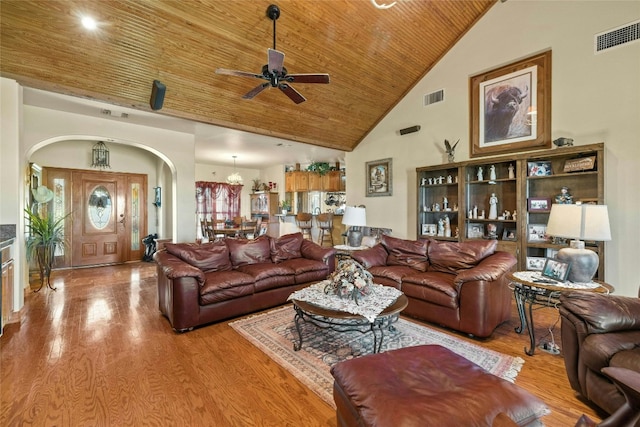 living room featuring wood finished floors, wood ceiling, visible vents, and high vaulted ceiling