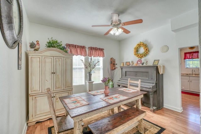 dining space with ceiling fan, light hardwood / wood-style flooring, and sink