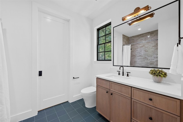 bathroom with tile patterned floors, vanity, a shower with shower curtain, and toilet