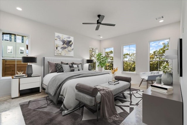 bedroom with a ceiling fan, recessed lighting, and visible vents