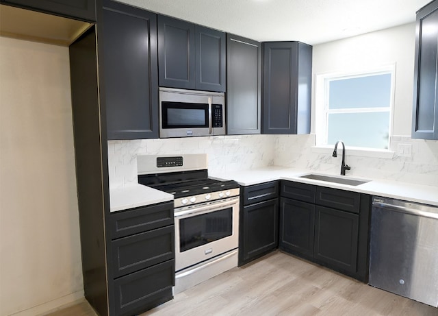 kitchen with appliances with stainless steel finishes, backsplash, sink, and light hardwood / wood-style floors