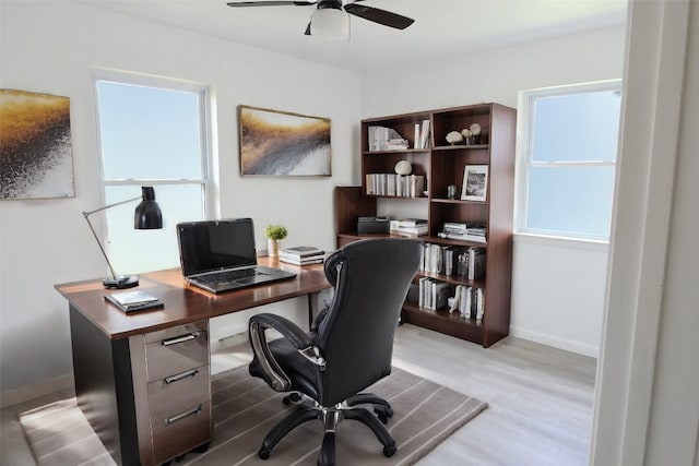 office space featuring light hardwood / wood-style flooring and ceiling fan