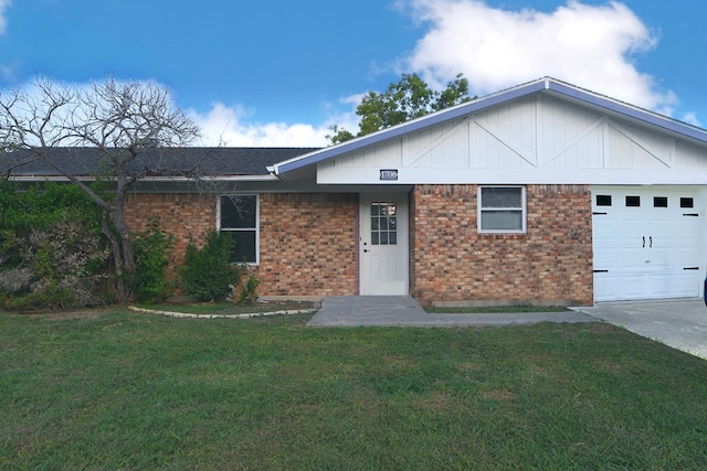 single story home with a garage and a front lawn