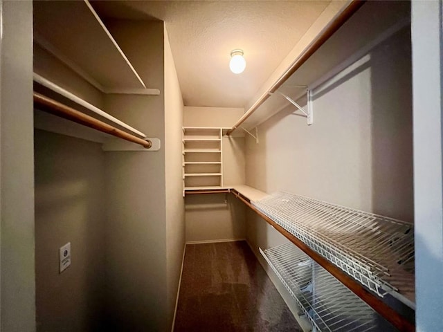 spacious closet featuring dark colored carpet