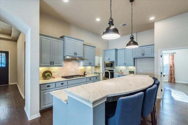 kitchen with light stone counters, under cabinet range hood, appliances with stainless steel finishes, gray cabinets, and an island with sink