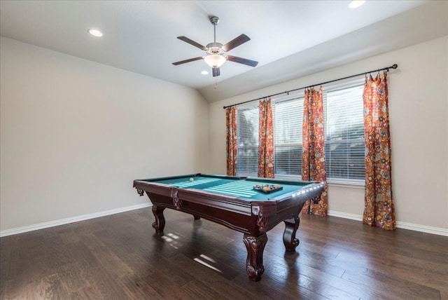 playroom with ceiling fan, billiards, baseboards, and wood finished floors