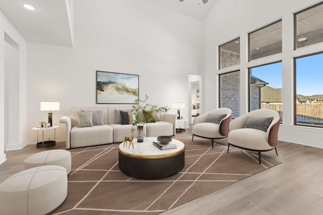 living room featuring hardwood / wood-style floors and high vaulted ceiling