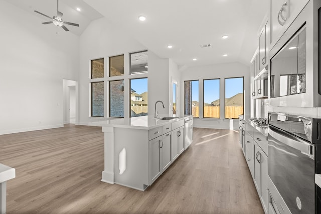 kitchen featuring an island with sink, sink, light hardwood / wood-style flooring, and white cabinets