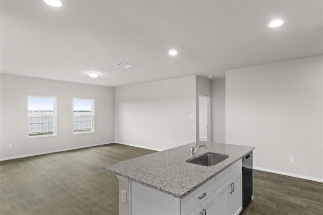 kitchen featuring a sink, visible vents, white cabinetry, dishwasher, and dark wood finished floors