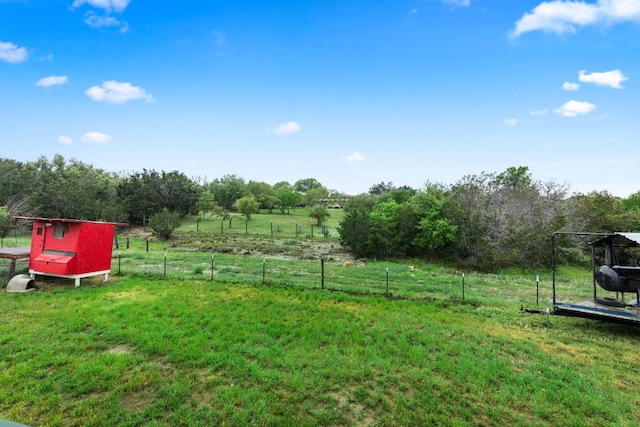 view of yard with a rural view and a shed