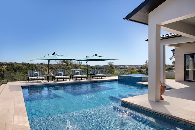 view of pool featuring an in ground hot tub and a patio