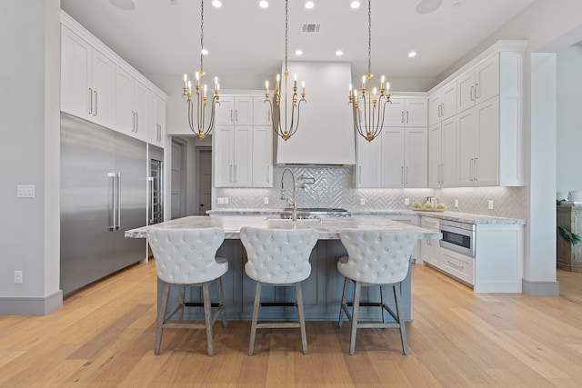 kitchen with white cabinets, built in appliances, and an island with sink