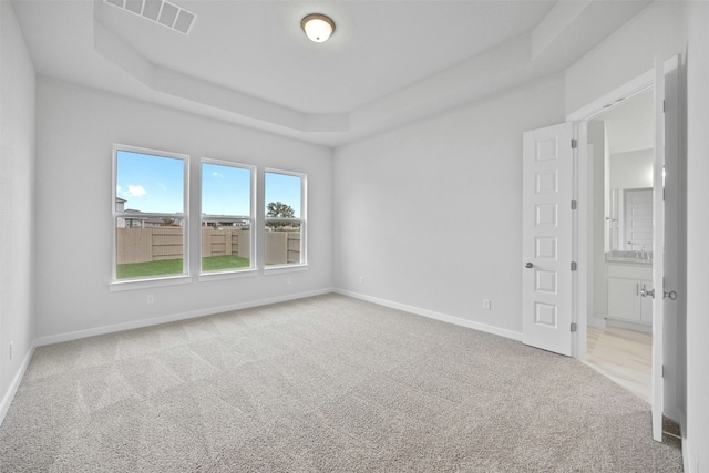 unfurnished room with carpet flooring and a raised ceiling