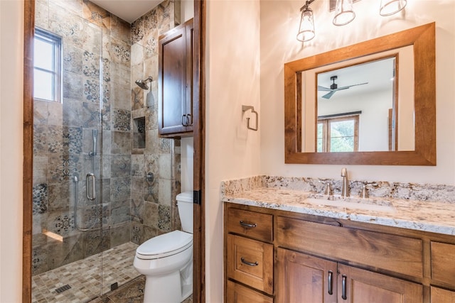 bathroom with a wealth of natural light, vanity, toilet, and an enclosed shower