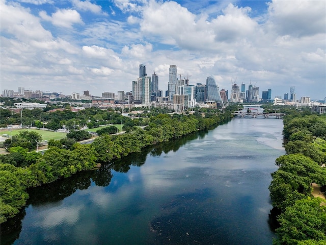 drone / aerial view featuring a water view