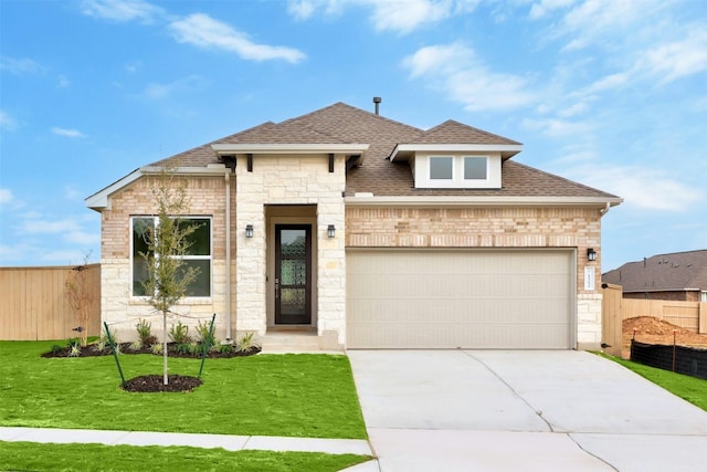 view of front of property featuring a garage and a front lawn