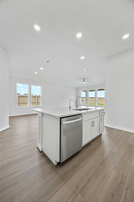 kitchen with light hardwood / wood-style floors, stainless steel dishwasher, a wealth of natural light, and sink