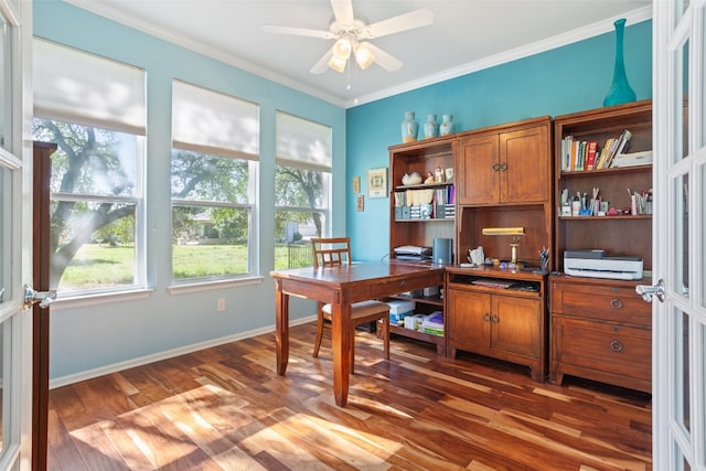 office space with dark hardwood / wood-style floors, ornamental molding, and ceiling fan