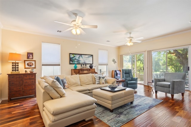 living room with crown molding, ceiling fan, and dark wood-type flooring