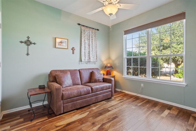 living room featuring ceiling fan, plenty of natural light, and hardwood / wood-style floors