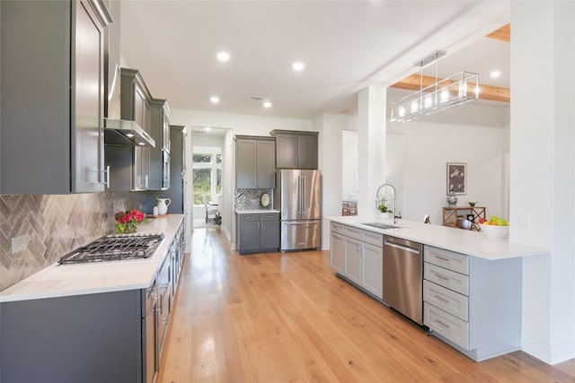 kitchen featuring sink, gray cabinets, stainless steel appliances, light wood-type flooring, and decorative backsplash