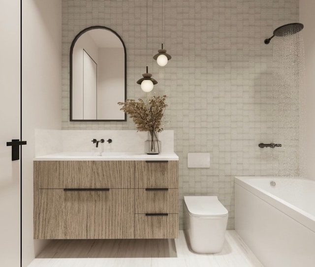 full bathroom featuring vanity, toilet, bathtub / shower combination, and tile walls