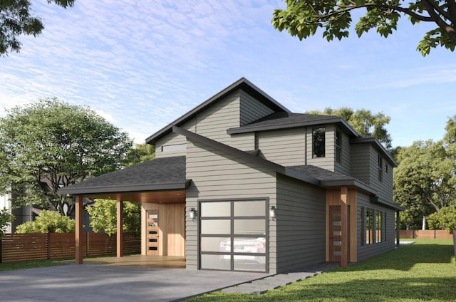 view of side of property featuring a garage, a lawn, and a carport