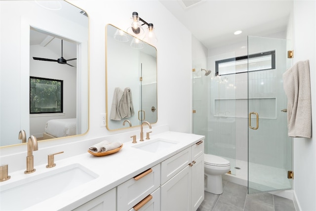 bathroom with tile patterned flooring, vanity, walk in shower, and vaulted ceiling