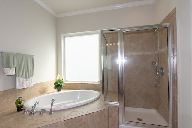 bathroom featuring plus walk in shower and ornamental molding