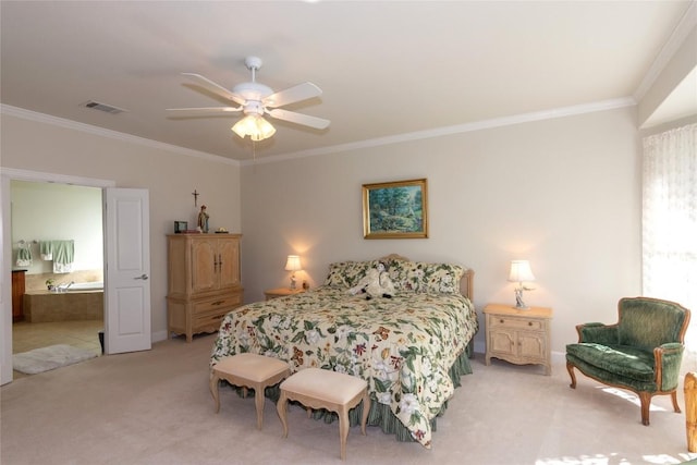 411 Palmetto Dr, Georgetown, TX 78633 - bedroom featuring ornamental molding, light carpet, connected bathroom, and a ceiling fan